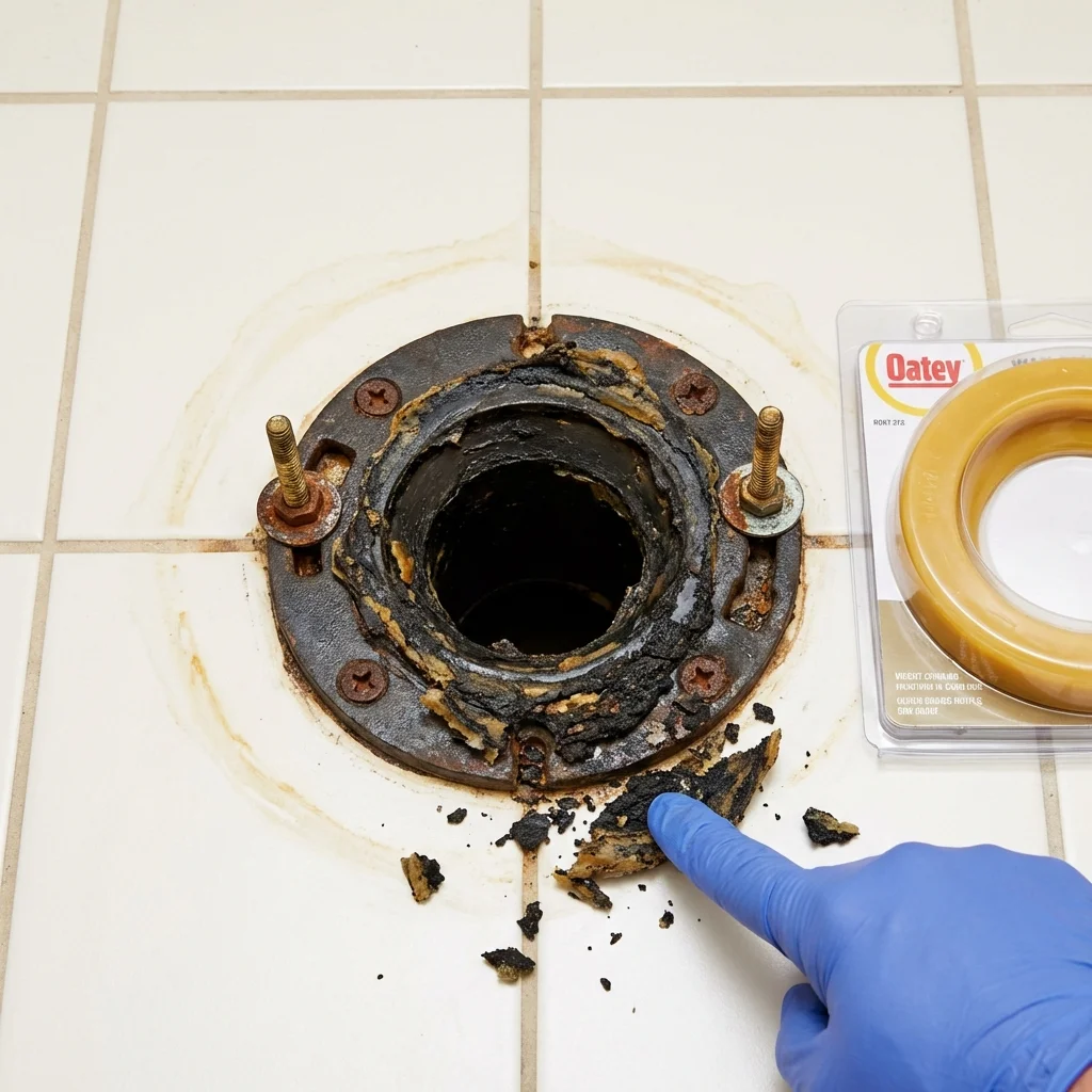 Failed wax ring showing water seepage at the base of a toilet in a Buffalo, MO home