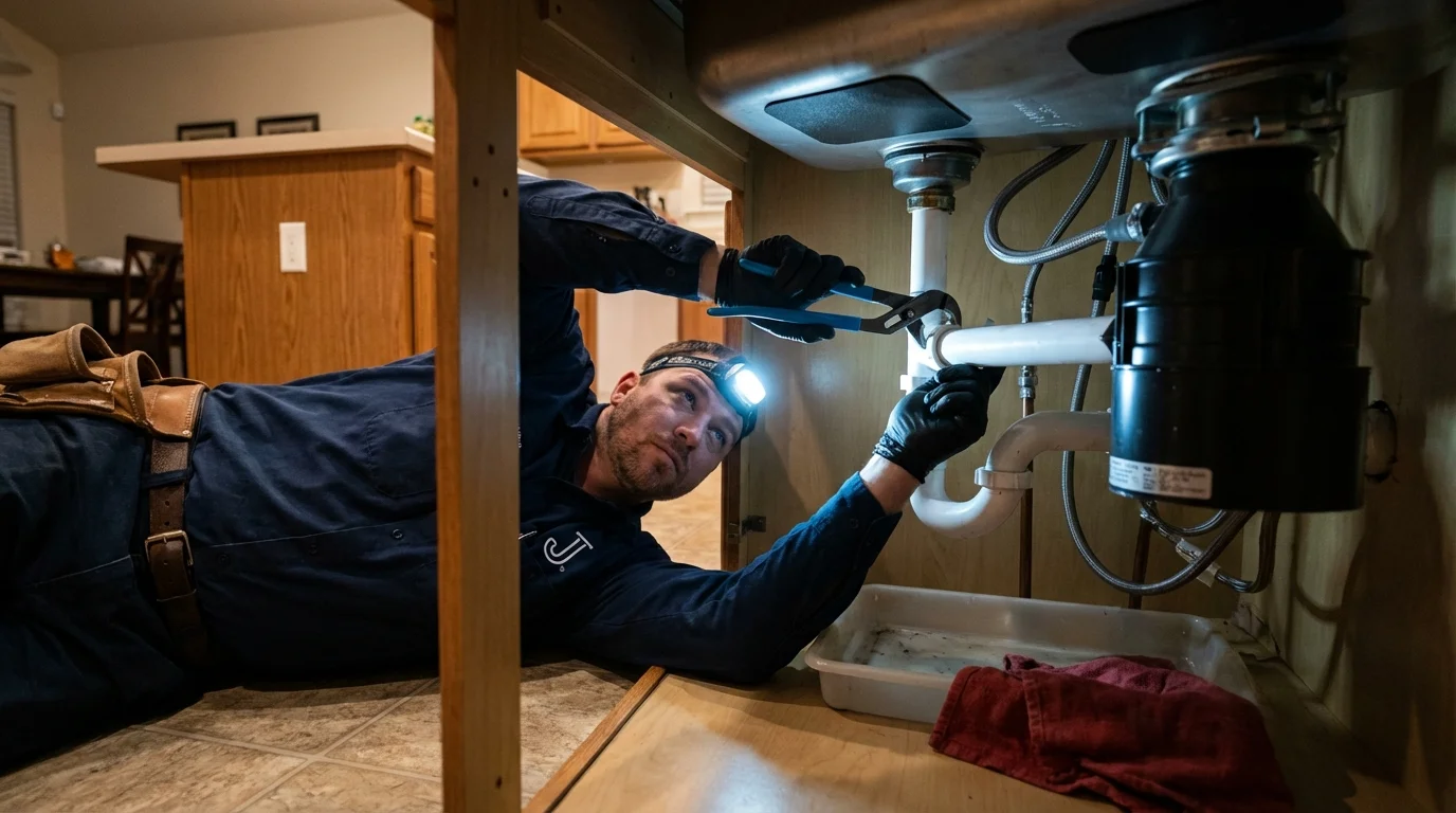 P-trap and supply line connections under a kitchen sink showing a common leak point in Buffalo, MO